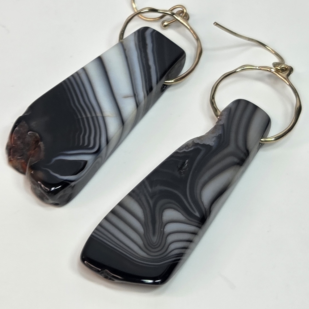 Carved Natural Banded Agate Onyx Black White Pierced Artisan Earrings Dangle